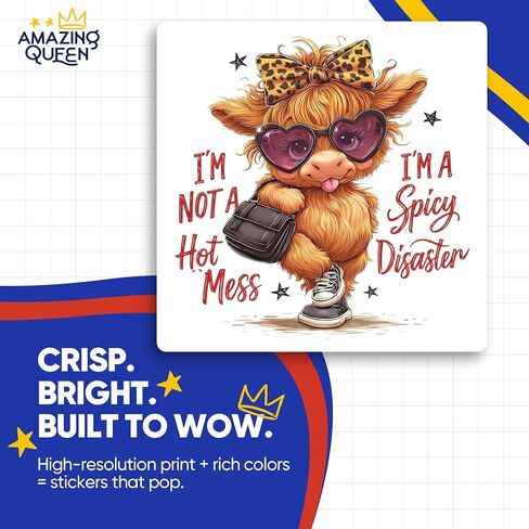 Highland Cow Spicy Disaster Stickers - Funny Sassy Quote Decals - Cute Animal Laptop Stickers - 2 Pack - 5" Wide Design - Adheres to Laptops, Tumblers, and More - Made in The USA - AQS20686 in Kuwait