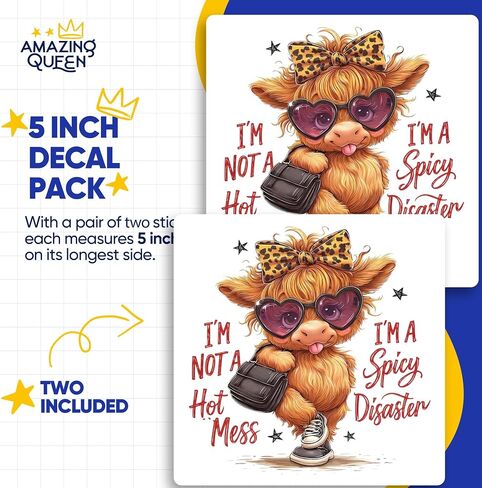 Highland Cow Spicy Disaster Stickers - Funny Sassy Quote Decals - Cute Animal Laptop Stickers - 2 Pack - 5" Wide Design - Adheres to Laptops, Tumblers, and More - Made in The USA - AQS20686 in Kuwait