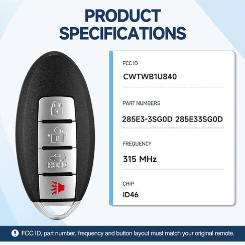 Key Fob Remote Replacement for Nissan Versa,Sentra 2013 2014 2015 2016 2017 2018 2019 Car Keyless Entry CWTWB1U840 285E3-3SG0D 315MHz 46 285E33SG0 in Kuwait
