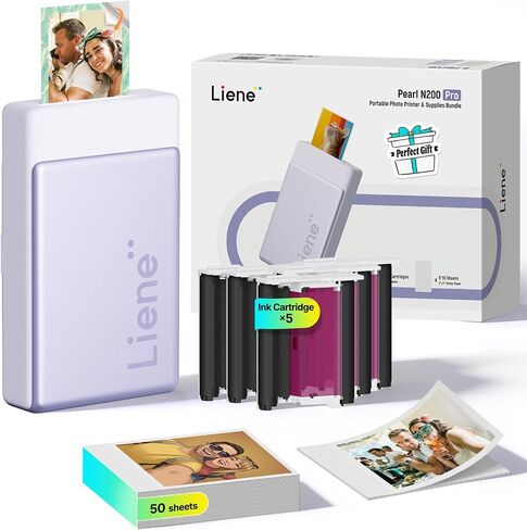 طابعة صور محمولة Liene Pearl N200 Pro، طابعة صور صغيرة فورية للهواتف الذكية iPhone، صبغ حراري، طابعة ملصقات بلوتوث 50 ورقة 2x3 ورق لاصق و5 خراطيش، ذهبي in Kuwait