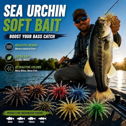 12Pcs Fishing Lures with Reflective Stars, Sea Urchin Baits for Bass Fishing | 4 Colors Floating Sea Urchin Lure, 3.5in for Freshwater & Saltwater in Kuwait