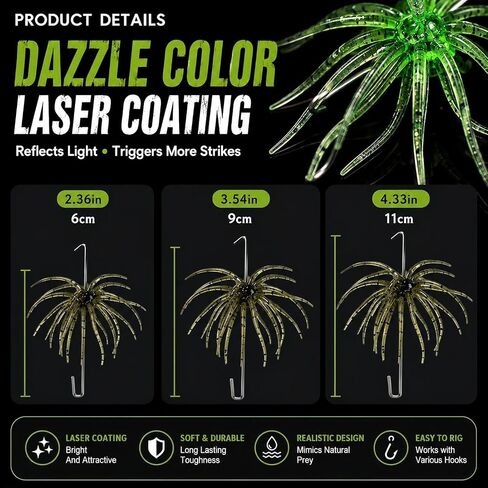 12Pcs Fishing Lures with Reflective Stars, Sea Urchin Baits for Bass Fishing | 4 Colors Floating Sea Urchin Lure, 3.5in for Freshwater & Saltwater in Kuwait