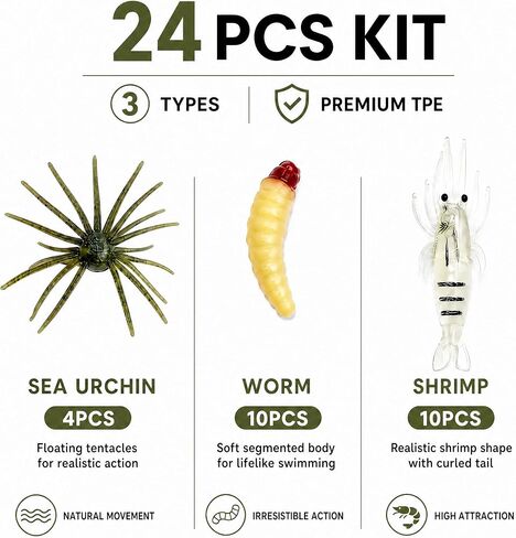 Soft Fishing Lure Kit Bass Trout, 24Pcs Sea Urchin Worm Shrimp Baits in Kuwait