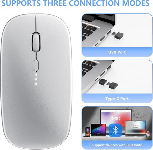 ShuGuoTu Wireless Mouse, 2.4G Slim Mute Silent Click Noiseless Optical Mouse with USB Receiver and Type C Adapter Compatible with Notebook, PC, Laptop, Computer, MacBook (Silver) in Kuwait