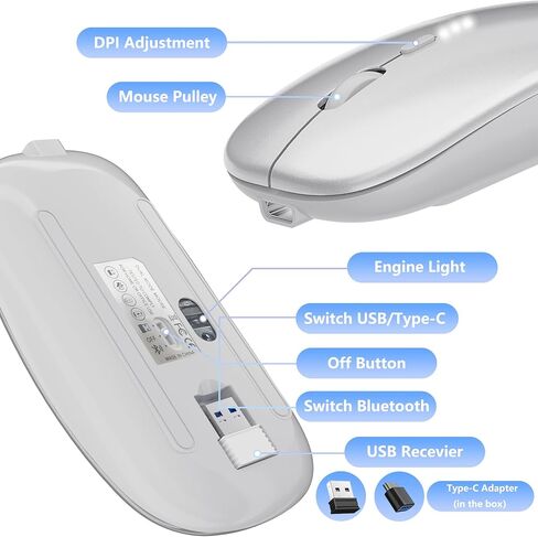 ShuGuoTu Wireless Mouse, 2.4G Slim Mute Silent Click Noiseless Optical Mouse with USB Receiver and Type C Adapter Compatible with Notebook, PC, Laptop, Computer, MacBook (Silver) in Kuwait
