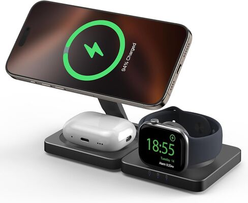 Traveling Magnetic Wireless Charging Station - ADADPU 3 in 1 Foldable Charger Stand for Apple Devices, Travel Charging Pad for iPhone 17 16 15 14 13 12 Pro Max Plus, for Apple Watch AirPods, Black in Kuwait