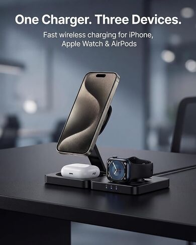 Traveling Magnetic Wireless Charging Station - ADADPU 3 in 1 Foldable Charger Stand for Apple Devices, Travel Charging Pad for iPhone 17 16 15 14 13 12 Pro Max Plus, for Apple Watch AirPods, Black in Kuwait