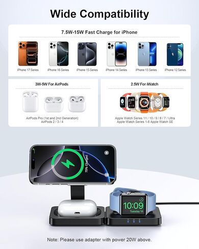 Traveling Magnetic Wireless Charging Station - ADADPU 3 in 1 Foldable Charger Stand for Apple Devices, Travel Charging Pad for iPhone 17 16 15 14 13 12 Pro Max Plus, for Apple Watch AirPods, Black in Kuwait