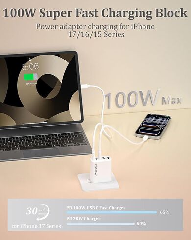 100W 5-Port USB C Charging Blocks for iPhone 17 Charger Fast Charging 2Pack in Kuwait
