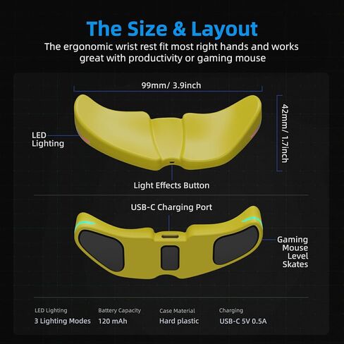 HornsX1 Right-Handed RGB Ergonomic Gliding Palm Rest for Mouse, Wrist Rest Pad, 3 RGB Lighting Modes, Reduce Wrist Pain, Anti-Fatigue, for Gaming/Office Work Casual Use - Yellow, 1 PCS in Kuwait