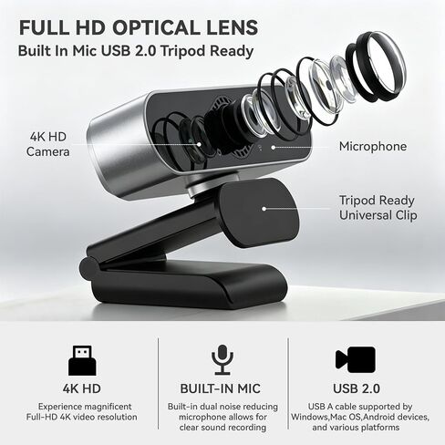 4K Webcam for PC with Microphone, Computer Camera with Noise Cancellation, 120 Wide Angle Auto Focus with Lights, Plug & Play USB Webcam for Streaming, Conferencing, Zoom, Skype, Facetime, Laptop in Kuwait