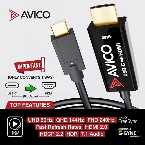 Avico USB C to HDMI 2.0 Adapter, 4K@60Hz, HDR, HDCP 2.2, 144Hz, Thunderbolt Compatible in Kuwait