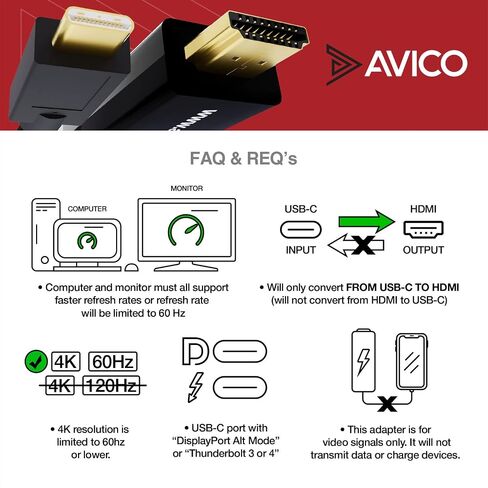 Avico USB C to HDMI 2.0 Adapter, 4K@60Hz, HDR, HDCP 2.2, 144Hz, Thunderbolt Compatible in Kuwait