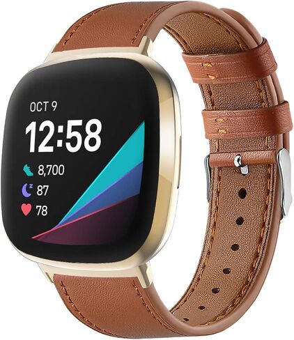 Compatible for Fitbit Versa 4 Bands Women Men, Slim Genuine Leather Band Replacement Accessories Strap for Versa 4 Fitness Smartwatch in Kuwait
