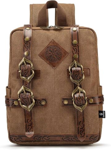 SV SENVAN Viking Steampunk Leather Backpack – Medieval LARP Renaissance Bag with Metal Accents, Brown Embossed Canvas for Outdoor Travel & Cosplay in Kuwait