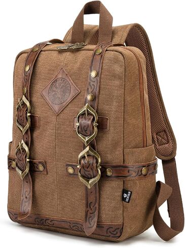 SV SENVAN Viking Steampunk Leather Backpack – Medieval LARP Renaissance Bag with Metal Accents, Brown Embossed Canvas for Outdoor Travel & Cosplay in Kuwait
