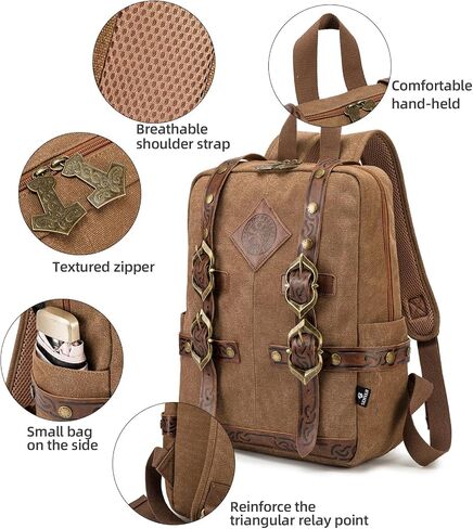 SV SENVAN Viking Steampunk Leather Backpack – Medieval LARP Renaissance Bag with Metal Accents, Brown Embossed Canvas for Outdoor Travel & Cosplay in Kuwait
