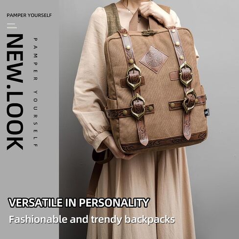 SV SENVAN Viking Steampunk Leather Backpack – Medieval LARP Renaissance Bag with Metal Accents, Brown Embossed Canvas for Outdoor Travel & Cosplay in Kuwait