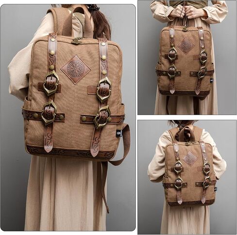 SV SENVAN Viking Steampunk Leather Backpack – Medieval LARP Renaissance Bag with Metal Accents, Brown Embossed Canvas for Outdoor Travel & Cosplay in Kuwait