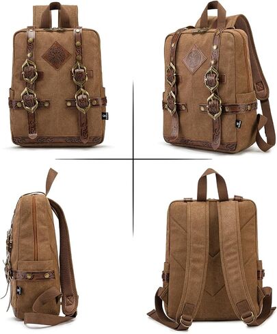 SV SENVAN Viking Steampunk Leather Backpack – Medieval LARP Renaissance Bag with Metal Accents, Brown Embossed Canvas for Outdoor Travel & Cosplay in Kuwait