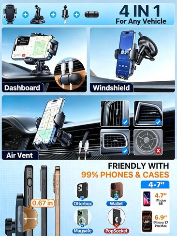 [Military-Grade Anti-Shake & 360° Rotatable Suction] 2026 Upgraded Car Phone Holder Mount【90+LBS Safest Strongest & Patent Cert】Dashboard Windshield Vent for iPhone 17 16 Pro Max Samsung, Jet Black in Kuwait