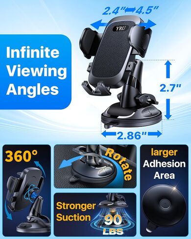 [Military-Grade Anti-Shake & 360° Rotatable Suction] 2026 Upgraded Car Phone Holder Mount【90+LBS Safest Strongest & Patent Cert】Dashboard Windshield Vent for iPhone 17 16 Pro Max Samsung, Jet Black in Kuwait