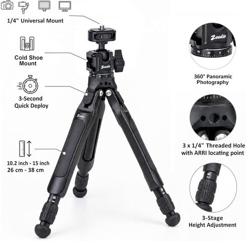 Zeadio Camera Tripod Kit, 3-Stage Height Adjustable Tripod with 360° Ball Head Mount, Phone Holder & Action Camera Adapter – for Vlogging/Travel/Recording/YouTube/Filming/Vlogs etc in Kuwait