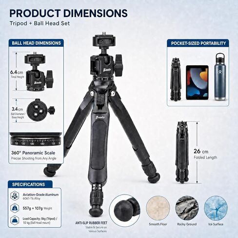 Zeadio Camera Tripod Kit, 3-Stage Height Adjustable Tripod with 360° Ball Head Mount, Phone Holder & Action Camera Adapter – for Vlogging/Travel/Recording/YouTube/Filming/Vlogs etc in Kuwait