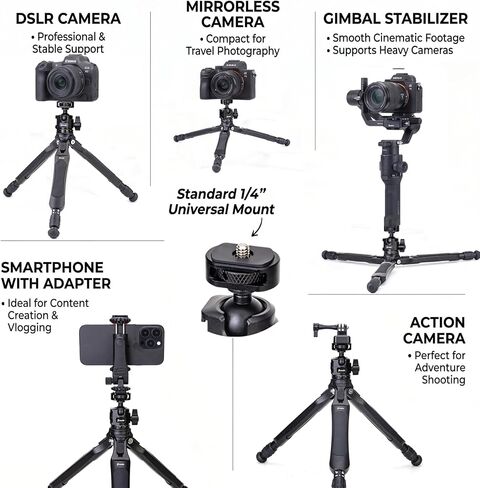 Zeadio Camera Tripod Kit, 3-Stage Height Adjustable Tripod with 360° Ball Head Mount, Phone Holder & Action Camera Adapter – for Vlogging/Travel/Recording/YouTube/Filming/Vlogs etc in Kuwait