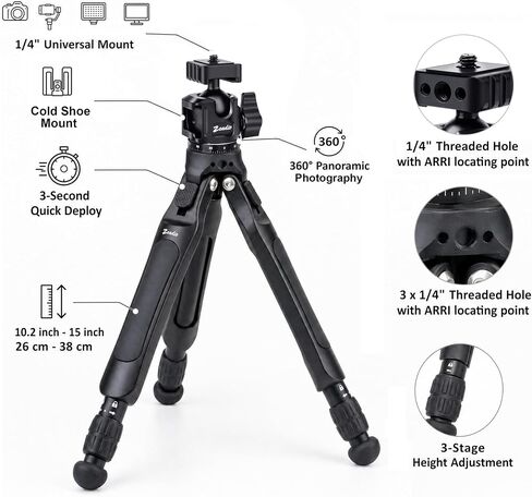 Zeadio Camera Tripod Kit, 3-Stage Height Adjustable Tripod with 360° Ball Head, Phone Holder & Action Camera Adapter, Ideal for Recording/YouTube/Filming/Vlogs etc in Kuwait