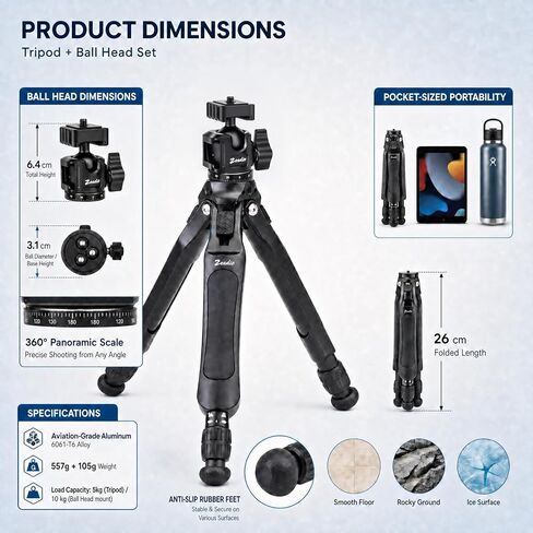 Zeadio Camera Tripod Kit, 3-Stage Height Adjustable Tripod with 360° Ball Head, Phone Holder & Action Camera Adapter, Ideal for Recording/YouTube/Filming/Vlogs etc in Kuwait