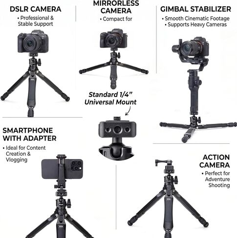 Zeadio Camera Tripod Kit, 3-Stage Height Adjustable Tripod with 360° Ball Head, Phone Holder & Action Camera Adapter, Ideal for Recording/YouTube/Filming/Vlogs etc in Kuwait