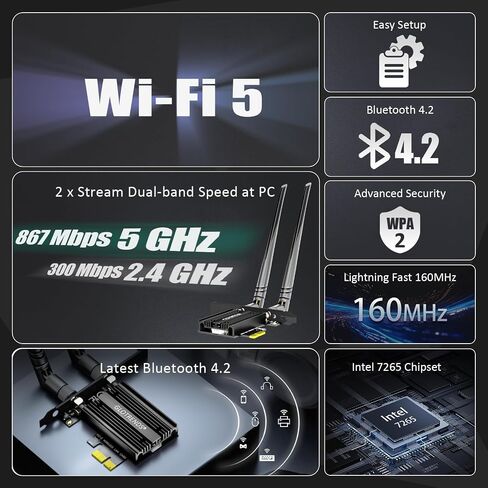 GLOTRENDS AC1200 PCIe WiFi Card for Desktop PC, Bluetooth 4.2, Intel 7265 in Kuwait