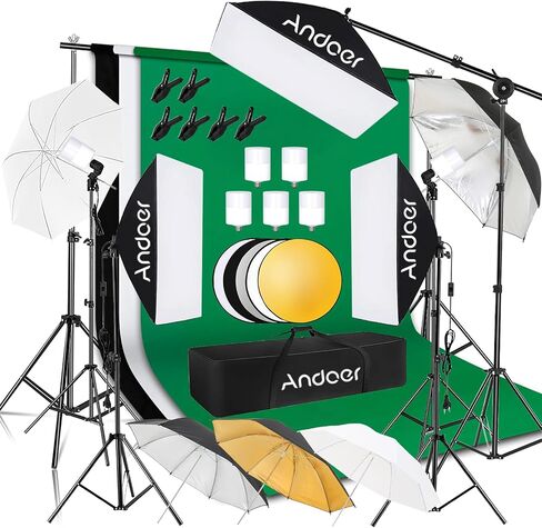 Andoer Professional Softbox Photography Studio Lighting Kit with 3 Color Backdrops, 6.5*10ft Backdrop Stands, Photography Umbrellas for Product Photography Portrait Video Shooting and Live Streaming in Kuwait