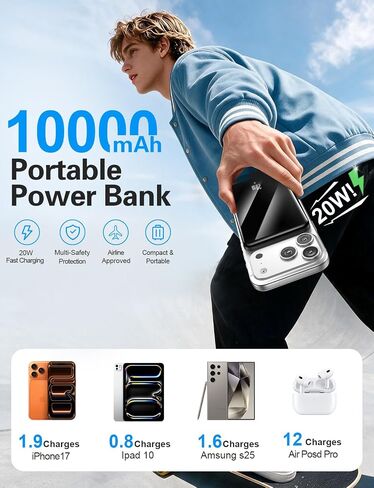 golioklsy Portable Charger Power Bank, 10000mAh Phone Charger with Built-in Cable, 20W PD Fast Charging, Slim Battery Pack with LED Display, Travel Essential for iPhone 17/16/15/14 All Series, Black in Saudi Arabia