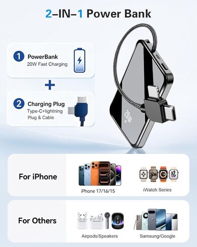 golioklsy Portable Charger Power Bank, 10000mAh Phone Charger with Built-in Cable, 20W PD Fast Charging, Slim Battery Pack with LED Display, Travel Essential for iPhone 17/16/15/14 All Series, Black in Saudi Arabia