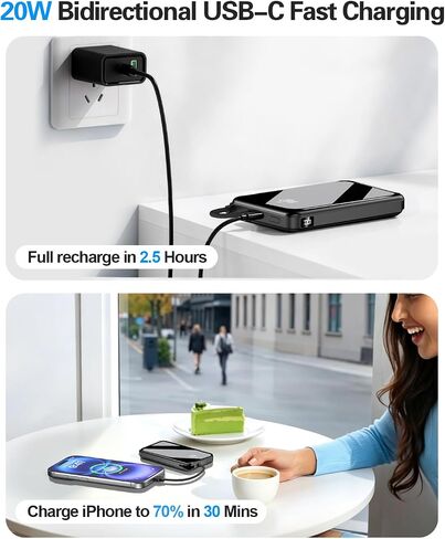 golioklsy Portable Charger Power Bank, 10000mAh Phone Charger with Built-in Cable, 20W PD Fast Charging, Slim Battery Pack with LED Display, Travel Essential for iPhone 17/16/15/14 All Series, Black in Saudi Arabia