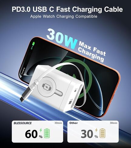 4-in-1 30W Retractable USB-C Wall Charger for Apple Watch, iPhone, iPad in Kuwait