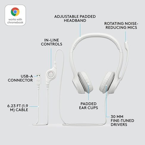 Logitech H390 Wired Headset with Mic for PC/Laptop, Stereo Headphones with Noise Cancelling Microphone, USB, in-Line Controls, Works with Chromebook, PC Headset, Bulk Packaging, 2 Pack (White) in Kuwait
