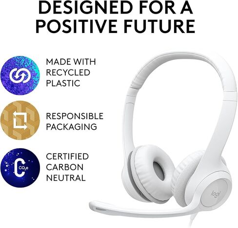 Logitech H390 Wired Headset with Mic for PC/Laptop, Stereo Headphones with Noise Cancelling Microphone, USB, in-Line Controls, Works with Chromebook, PC Headset, Bulk Packaging, 2 Pack (White) in Kuwait