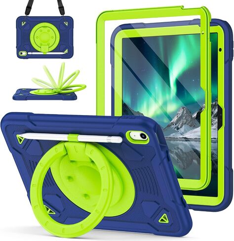 for iPad (A16) 11th Generation Case 11 Inch 2025, iPad 10th Generation case 10.9 Inch 2022, Shockproof Case with Screen Protector, 360° Rotating Stand Shoulder Strap Pencil Holder, Navy Green in Saudi Arabia