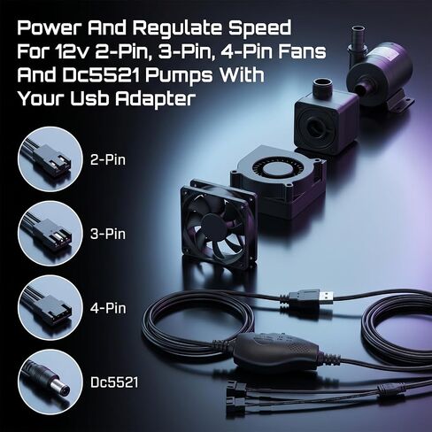 USB to Fan Adapter 12V Step-Up Cable, 5V to 12V Full Speed Power Cord for PC Cooling Fan, Dual 3-Pin 4-Pin Connector Black Sleeved in Kuwait
