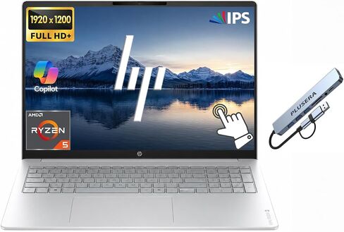 HP OmniBook 3 Laptop Computer, 16" FHD+ IPS Touch Screen Business Laptop, Windows 11 Pro, 1TB PCIe SSD, 8GB RAM LPDDR5, AMD Ryzen 5 40 Processor, Numeric Keypad, PLUSERA 8-in-1 Hub, Glacier Silver in Kuwait