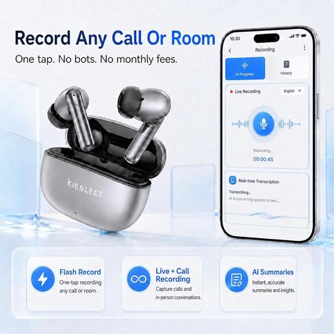 Kieslect AI NotePods 10S Wireless Earbuds with AI Recording, Transcription & 144-Language Translation, Bluetooth 6.0, 30dB Hybrid ANC, 4-Mic ENC, 30H Battery, IPX5 for Calls, Meetings & Travel in Kuwait