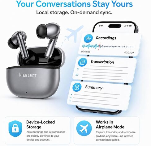 Kieslect AI NotePods 10S Wireless Earbuds with AI Recording, Transcription & 144-Language Translation, Bluetooth 6.0, 30dB Hybrid ANC, 4-Mic ENC, 30H Battery, IPX5 for Calls, Meetings & Travel in Kuwait