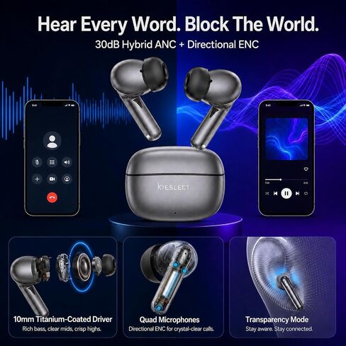 Kieslect AI NotePods 10S Wireless Earbuds with AI Recording, Transcription & 144-Language Translation, Bluetooth 6.0, 30dB Hybrid ANC, 4-Mic ENC, 30H Battery, IPX5 for Calls, Meetings & Travel in Kuwait