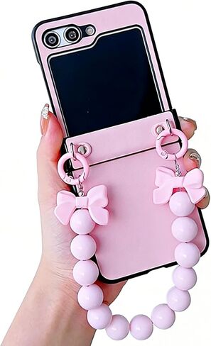 LUVI Compatible with Galaxy Z Flip 8 Case Cute with Chain PU Leather Pearl Bracelet Wristband Strap Hinge Protection Shockproof Cover for Women Girls Pink in Saudi Arabia