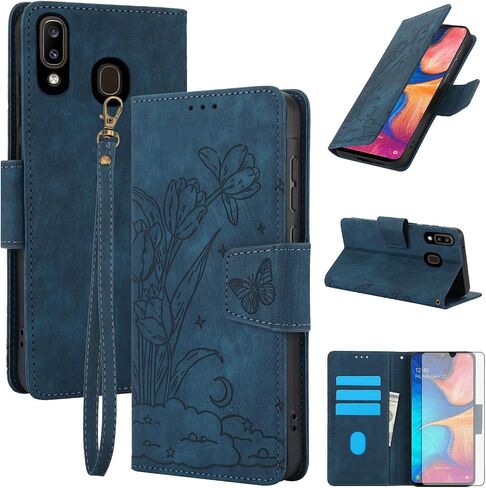 Asuwish Phone Case for Samsung Galaxy A20 A30 Wallet Cover with Tempered Glass Screen Protector Flip Wrist Strap Credit Card Holder Slot Stand Rugged Cell M10s A 30 20A SM A205G Women Men Purple in Kuwait