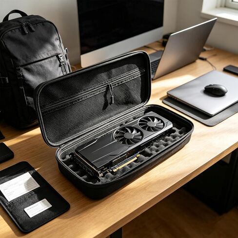 Graphics Card Storage Case, Hard Shell GPU Carrying Bag with Shockproof Egg-Crate Foam, Portable Video Card Travel Box with Zippered Pocket for PC Builders & Gamers (14.1" x 6.3", Black) in Kuwait