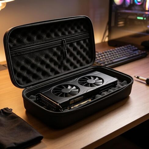 Graphics Card Storage Case, Hard Shell GPU Carrying Bag with Shockproof Egg-Crate Foam, Portable Video Card Travel Box with Zippered Pocket for PC Builders & Gamers (14.1" x 6.3", Black) in Kuwait